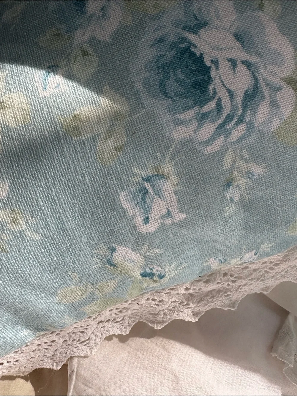 Shabby Chic Aqua Blue Floral Lace-Trim Throw Pillow